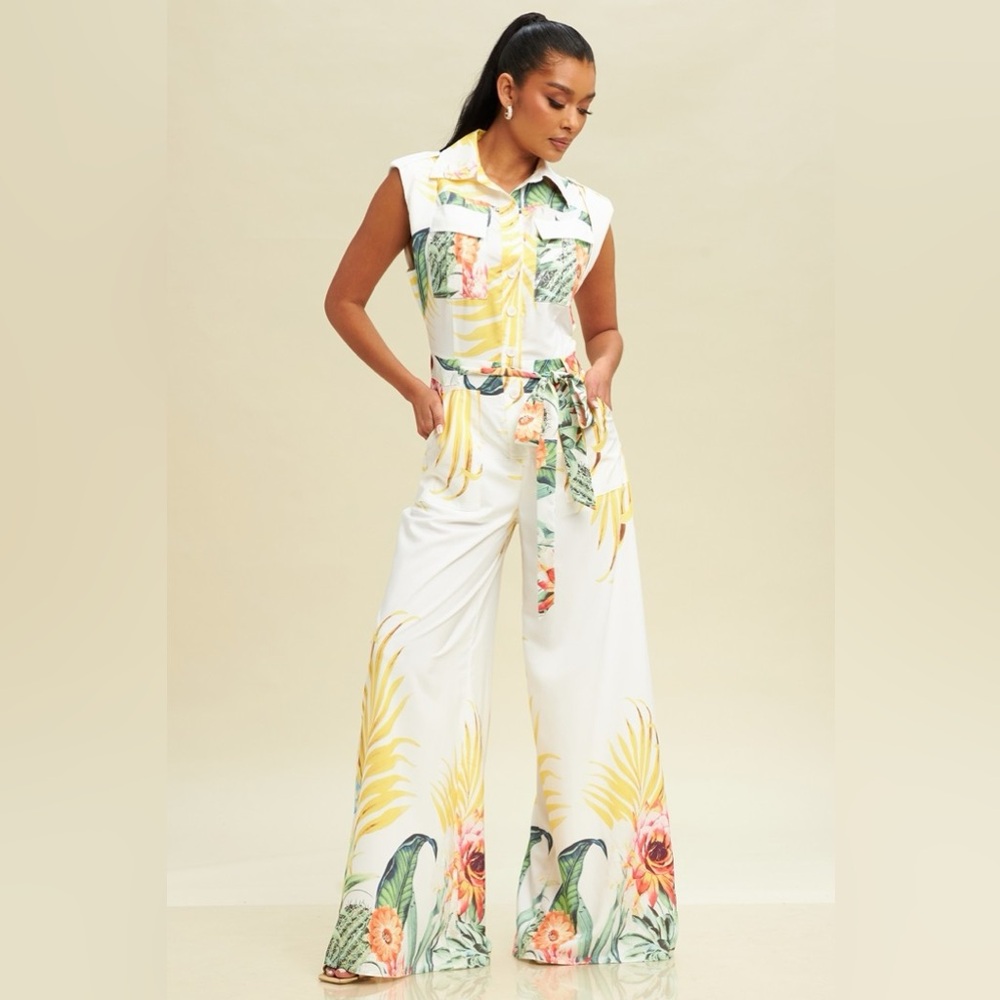 Luxxel White and Yellow Tropical Print Jumpsuit NWT